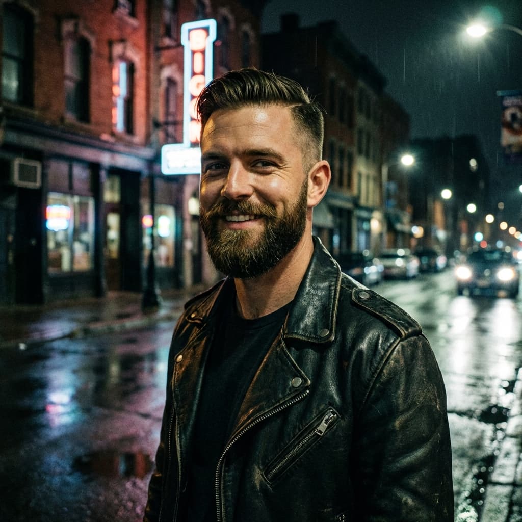 Bearded man urban night